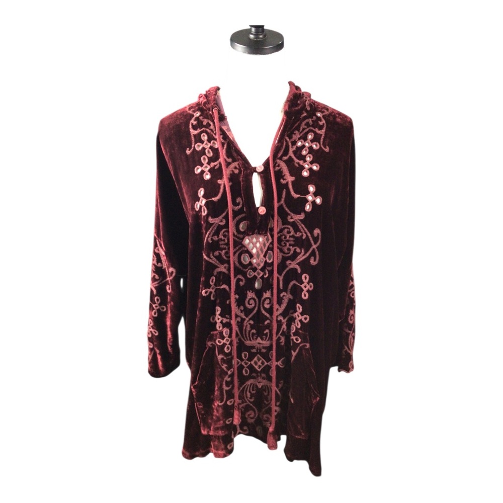 Johnny Was Pete & Greta Embroidered Velvet Hooded Tunic Deep Wine Small